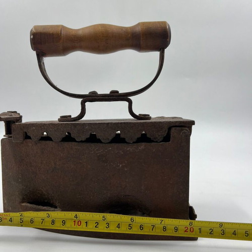 Cast Iron Charcoal Iron with Wooden Handle used, vintage clothes iron