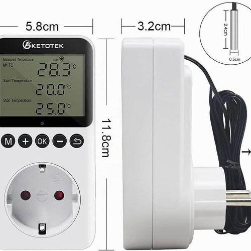 KETOTEK digital thermostat socket 100–250 V, -40 to 120°C, 16 A