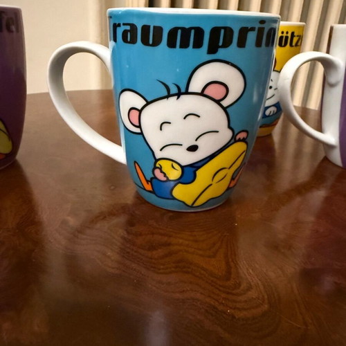 Set of 4 colorful ceramic mugs with humor like new