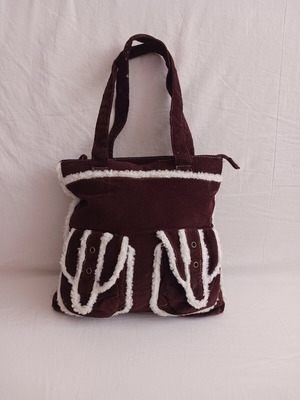 Denim bag like new with fluffy trim, brown