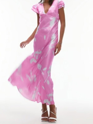 Φόρεμα Topshop angel sleeve v neck satin ροζ maxi μεταχειρισμένο, μέγεθος M