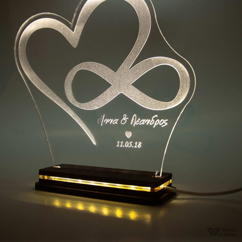 LED lamp Heart Infinity handmade with wooden base and plexiglass new