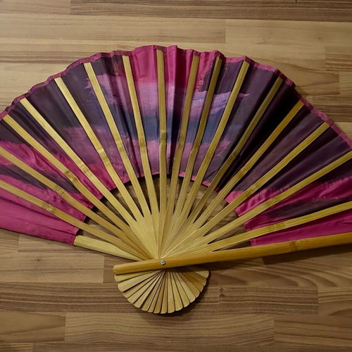 Handmade decorative fan like new, fabric and wood