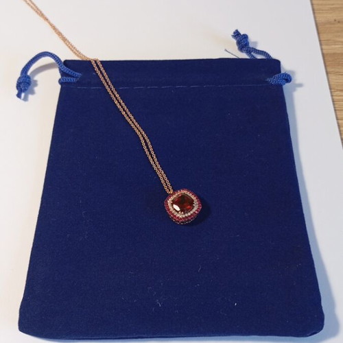 Luxury 925 silver necklace pink gold plated with 8x8 garnet and double halo zirconia new