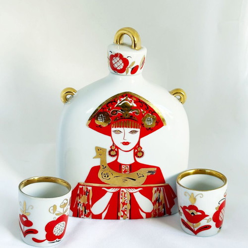 Vintage porcelain Lomonosov USSR folk art decanter set like new