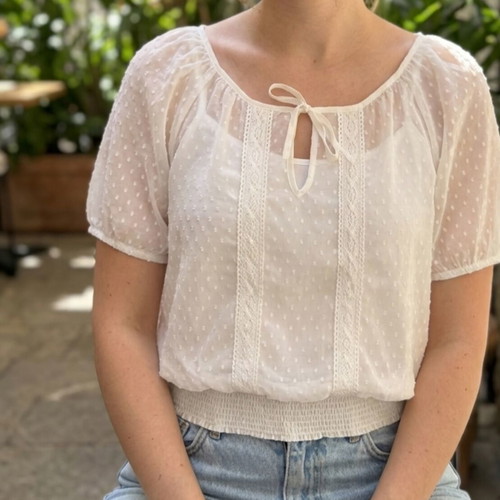 White Romantic Top with Embossed Polka Dot Design, Like New