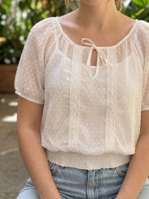 White Romantic Top with Embossed Polka Dot Design, Like New