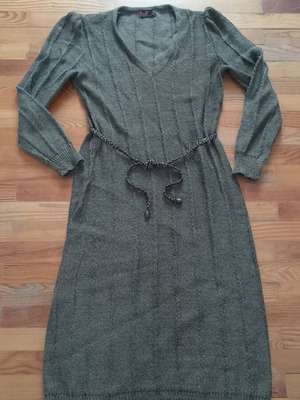 1980s knit dress with tie belt by Roka like new, brown wool blend