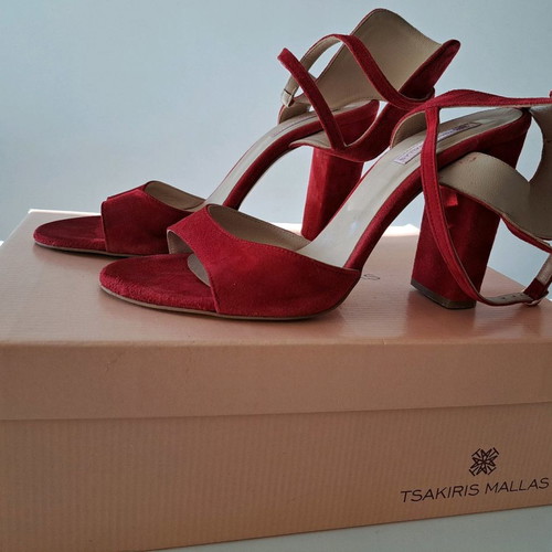 Tsakiris Mallas red sandals used with clutch bag