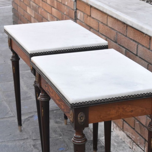 French vintage side tables used, pair with marble and marquetry