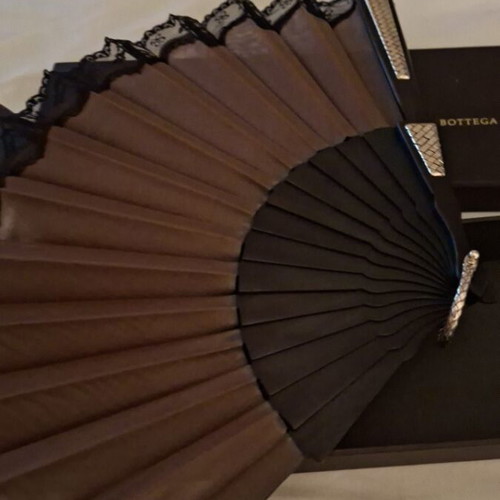 Bottega Veneta large fan with black lace and leather case