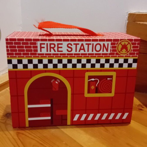 Small Foot fire station suitcase used with 11 wooden toys