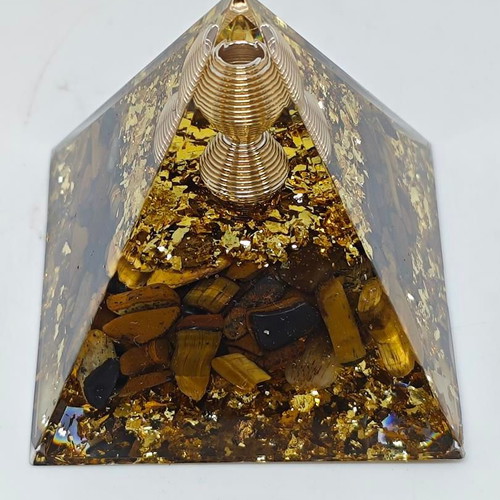 Orgonite pyramid with Tiger's Eye and gold leaves like new