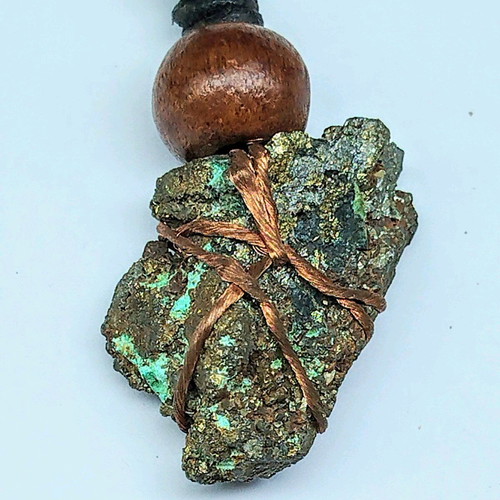 Pendant with pyrite new, gold copper wire and leather