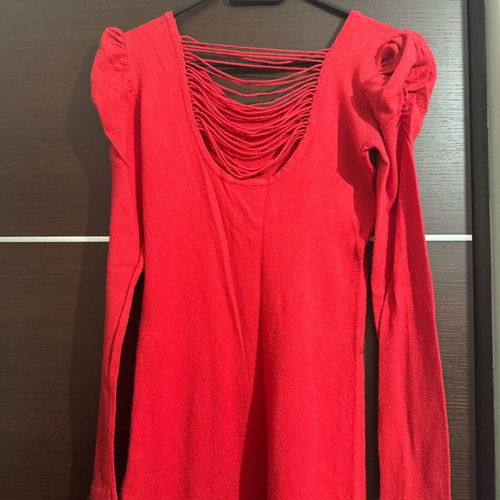 Knitted women's red blouse used, long with puff heart sleeves