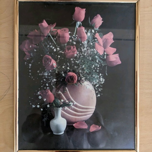 Picture frame with glass like new, vase with roses