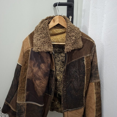Energy jacket used, warm, beige and brown, patchwork fur and suede