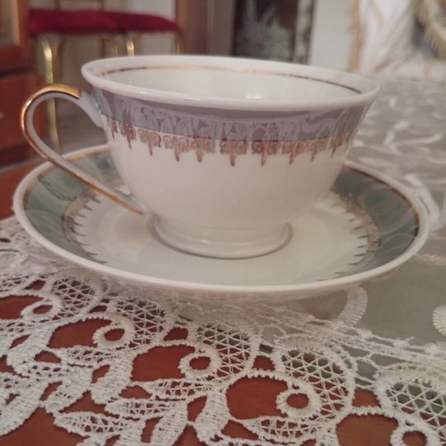 Porcelain vintage luxury tea set, 8 pieces, white and light blue