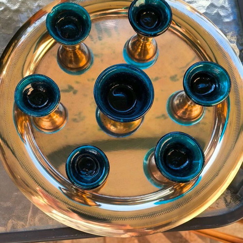 Vintage liqueur set used with bronze and blue glass cups