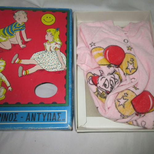 Greek baby jumpsuit new with Mickey Mouse lithograph box 60s Dendrinos Antypas