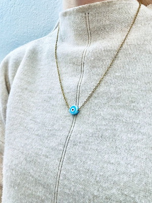 Necklace with blue ceramic evil eye and stainless steel chain new