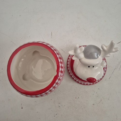 Christmas Ceramic Cookie Jar with Smiling Reindeer Lid new