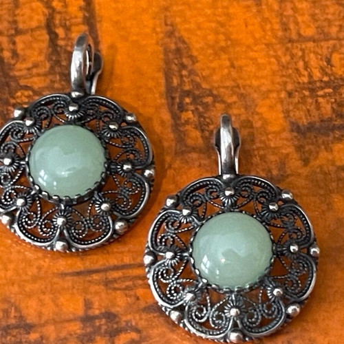 Silver earrings handmade filigree 925 with nephrite stone