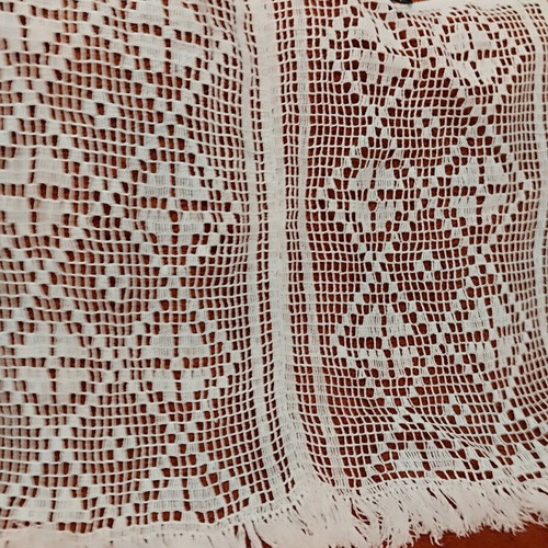 Handmade knitted cotton curtain white with fringes 70x85 cm