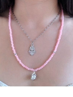 Handmade Set of 2 Necklaces with Beads, Pearl Motif and Zircon