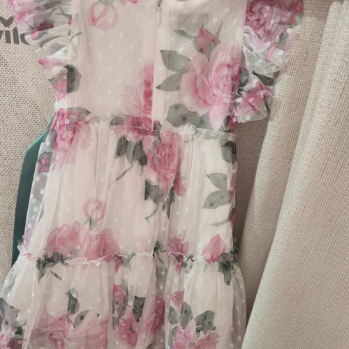Floral white tulle dress with satin belt, like new, 1 year 80 cm