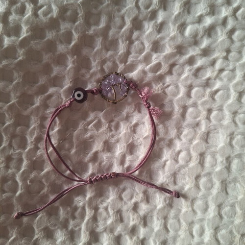 Purple bracelet with tree of life and evil eye like new, adjustable cord