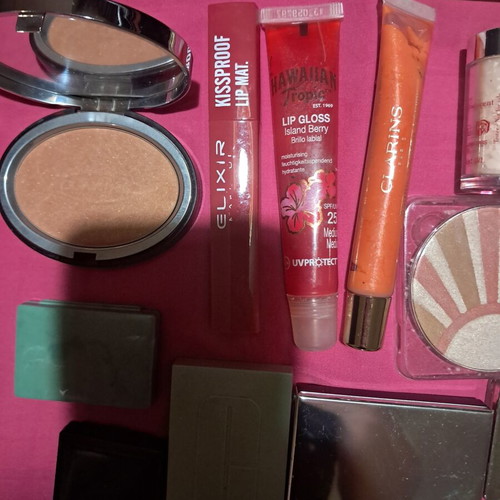 Large collection of branded cosmetics with YSL mirror and makeup bag