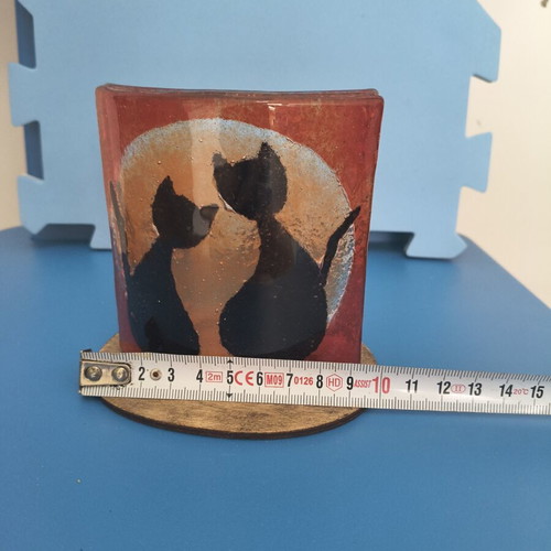 Decorative candle holder with cat design, glass and wood