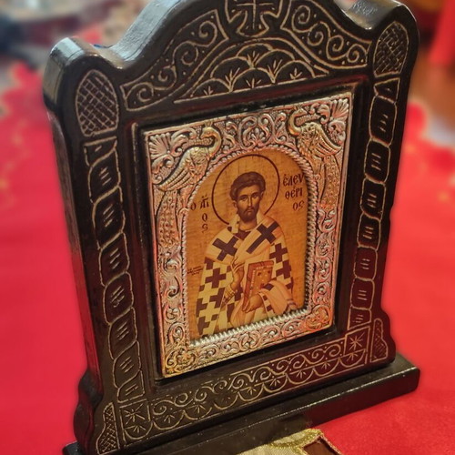 Byzantine icon of Saint Eleftherios on wooden base with metal frame new