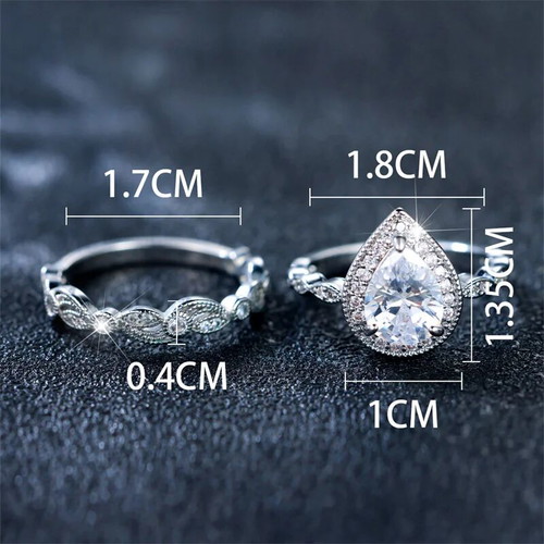 Set of rings tear-shaped solitaire and wedding band platinum plated silver 925 new