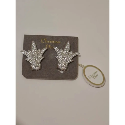 Christian Dior Fleur De Lis Clip On Rhinestone Earrings new, silver gray
