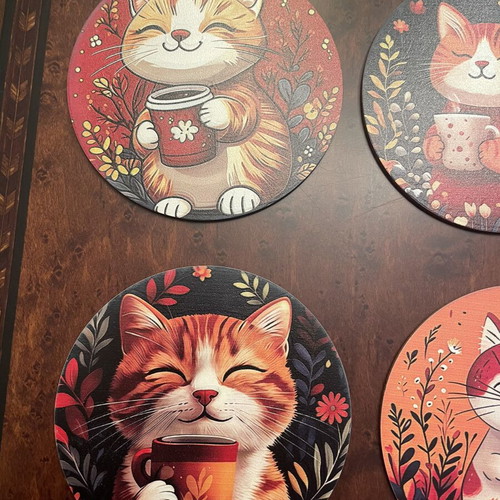 Set of 6 wooden cat coasters