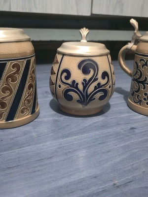 Goebel Merkelbach vintage κούπες μπύρας με αλατούχο υάλωμα και μεταλλικά καπάκια, σετ 3