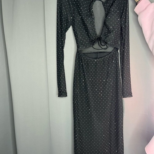 Black dress with rhinestones and front opening, new