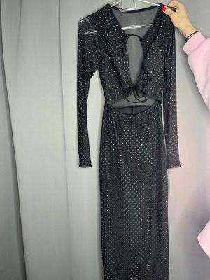 Black dress with rhinestones and front opening, new