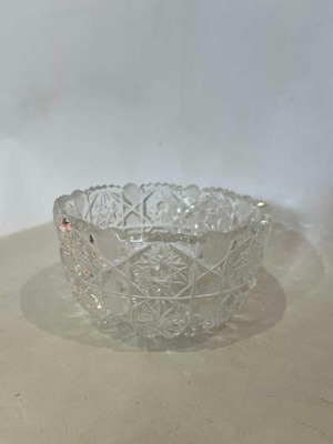 Vintage crystal serving fondue bowl used with engraved designs 8x14