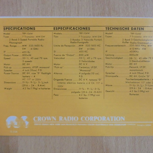 Crown TRP-104W portable radio phonograph used, old manual