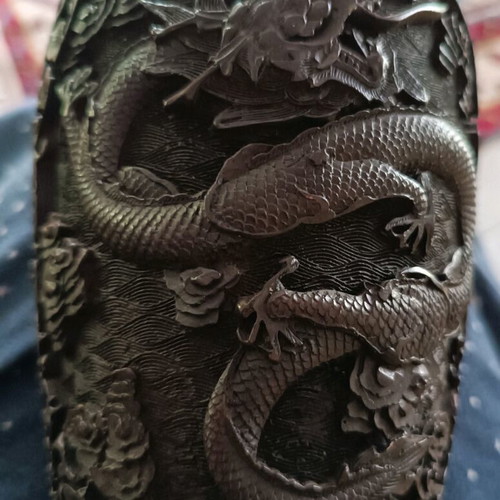 Wooden carved vases like new, solid ebony with dragons and flowers
