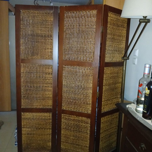 Wooden rattan bamboo 3-panel folding screen, 1.74m height, 0.43m width per panel