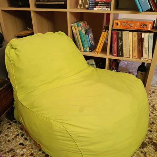 Inflatable bean bag chair used, green color, foam filling