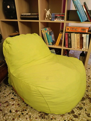 Inflatable bean bag chair used, green color, foam filling