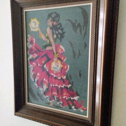 Vintage Handmade Embroidery "Spanish" – Canvas with Wooden Frame
