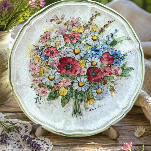 Πιατέλα vintage floral κεραμική τοίχου σαν καινούργιο, χειροποίητο μπουκέτο