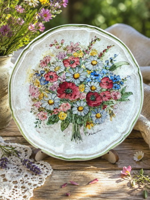 Κεραμική πιατέλα vintage floral σαν καινούργιο με πολύχρωμο χειροποίητο μπουκέτο