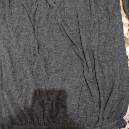 Women's gray blouse size L used with elastic on shoulders, sleeves, and waist